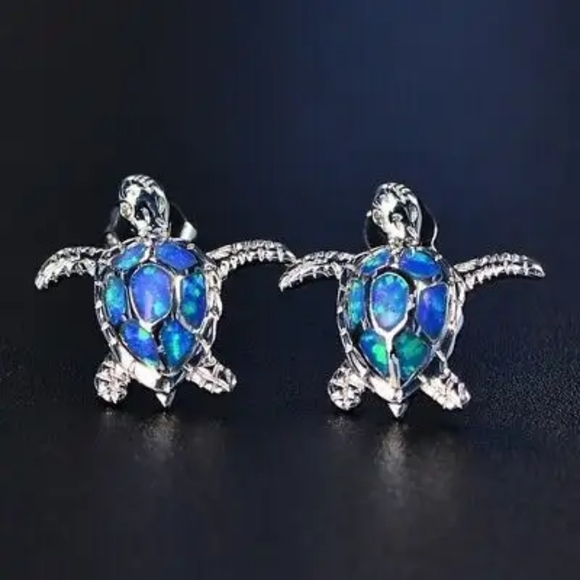 Blazing Blue Fire Opal Sea Turtle Earrings - Picture 5 of 12